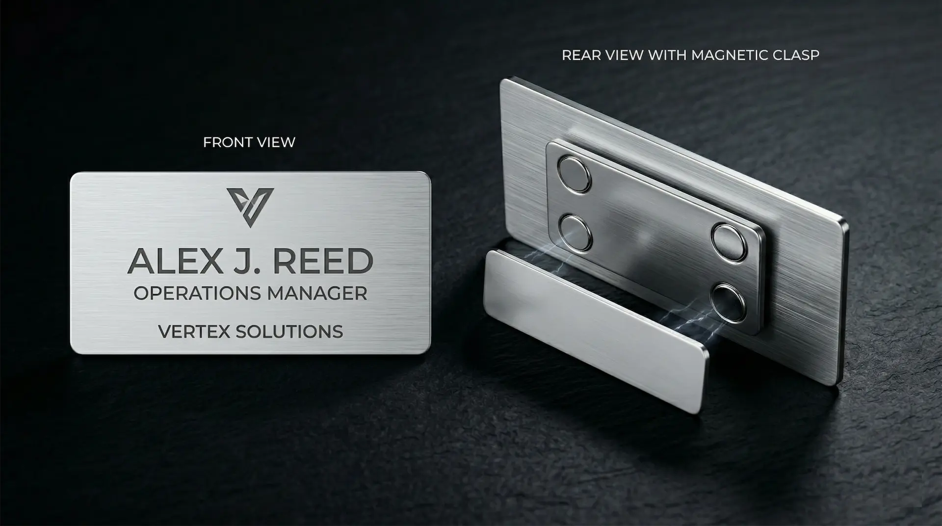 Custom metal name badge shown with the front design and magnetic clasp separated for comparison.