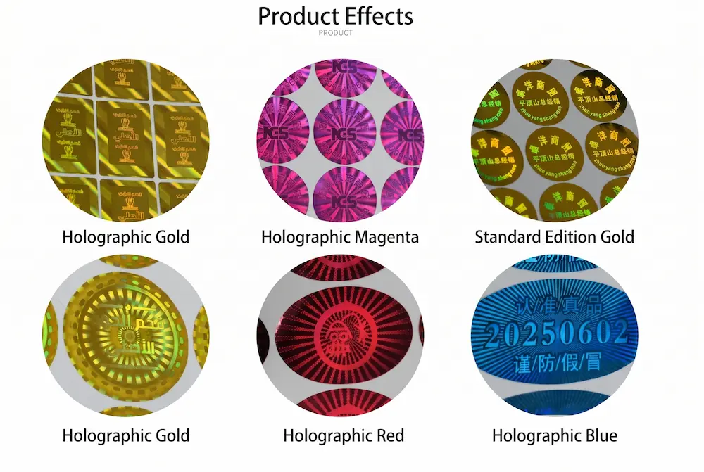 Holographic security label color overview showing multiple reflective color directions for custom security labels