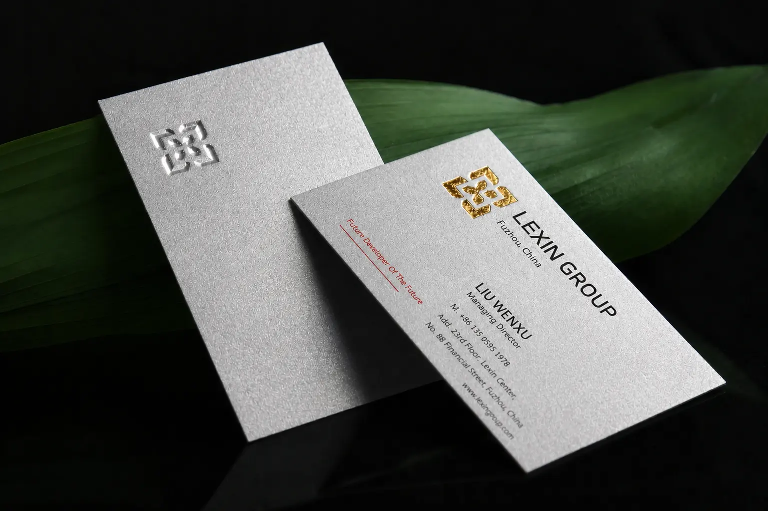 Bright sand silver metallic paper business card with embossing and gold foil