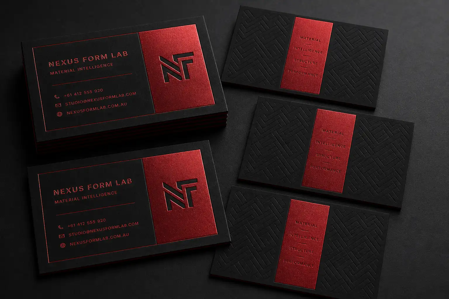 Commanding 48pt black-red-black color core card engineered with flood debossing and striking red foil for maximum brand presence.