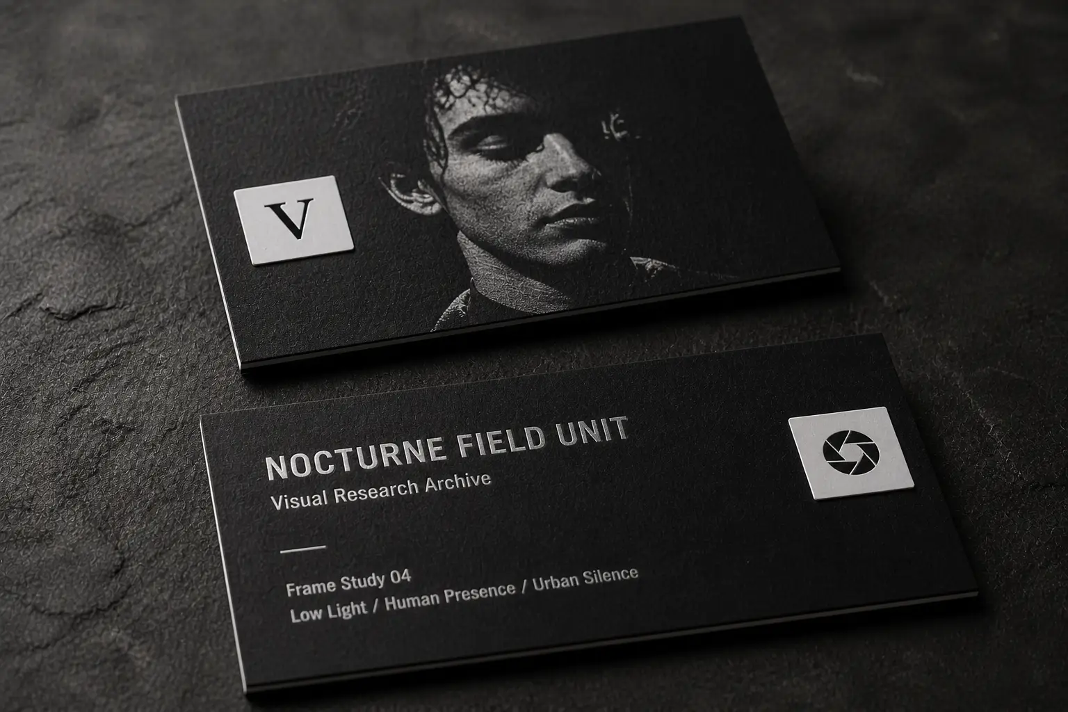Custom 48pt black-white-black triplex card highlighting precision laser engraving and a coated overlay.