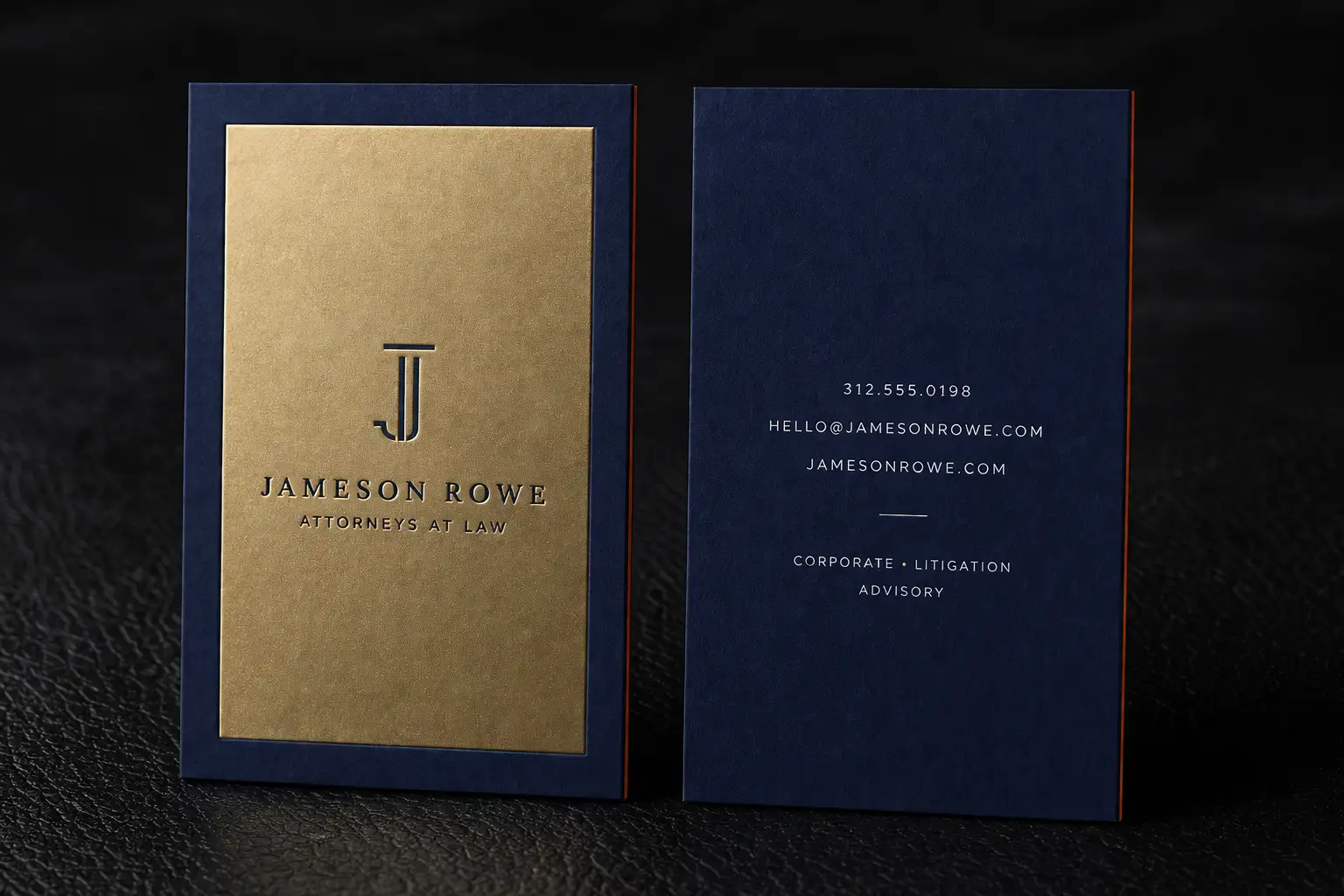 Premium 48pt color core card highlighting crisp white ink and large copper foil for creative agencies.
