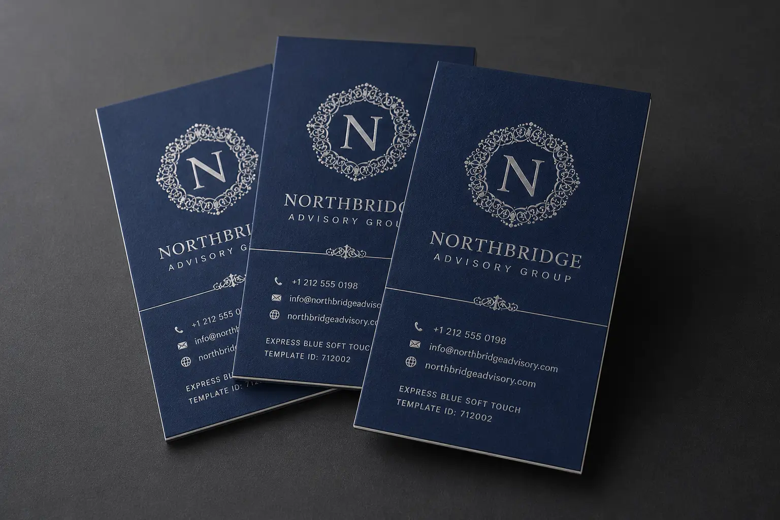 Striking 48pt thick blue business card showcasing expansive flood silver foil stamping.