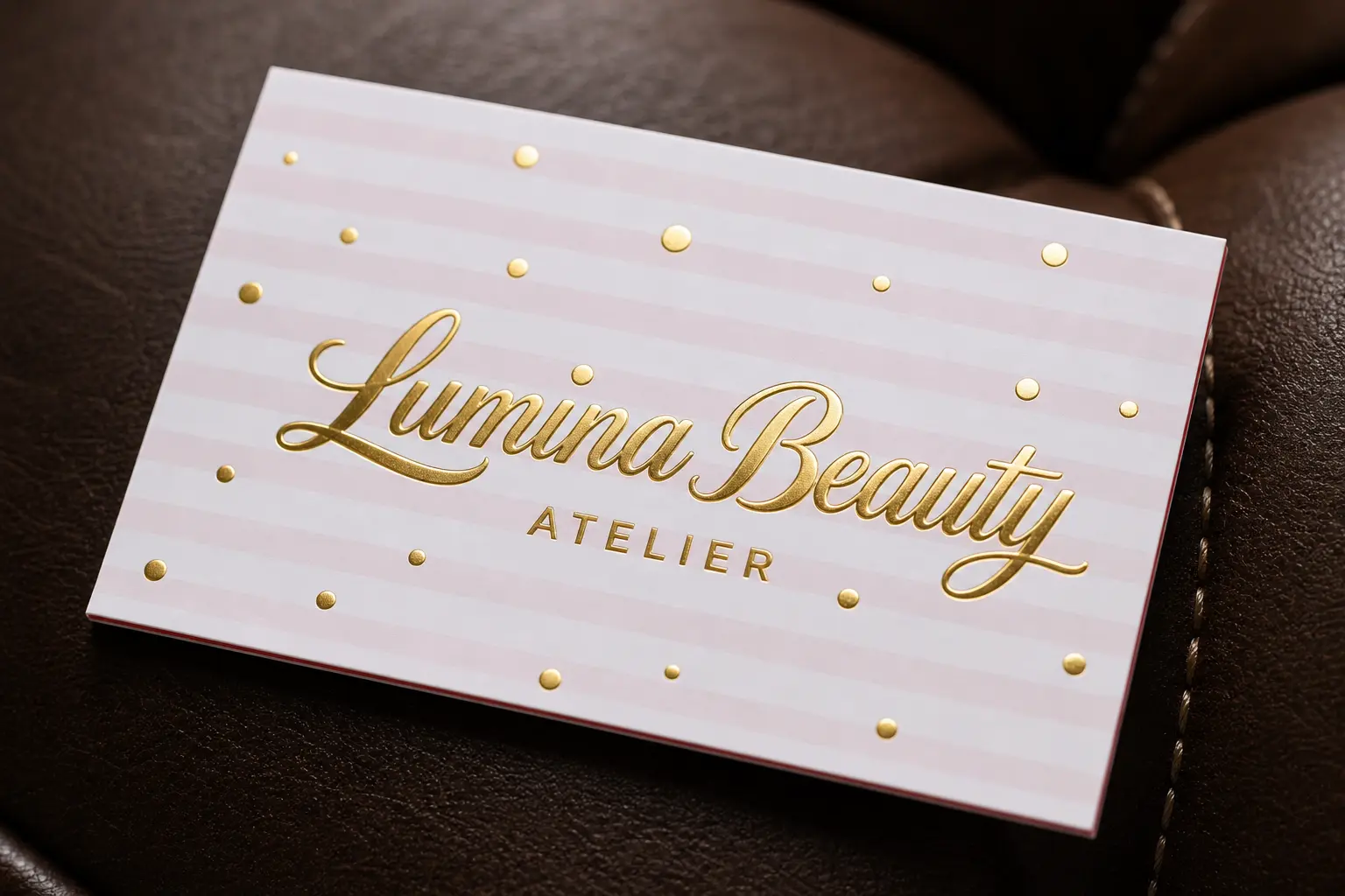 Heavyweight 48pt red edge business card featuring soft pink ink and premium 3D metallic lettering overlays for boutique design studios.
