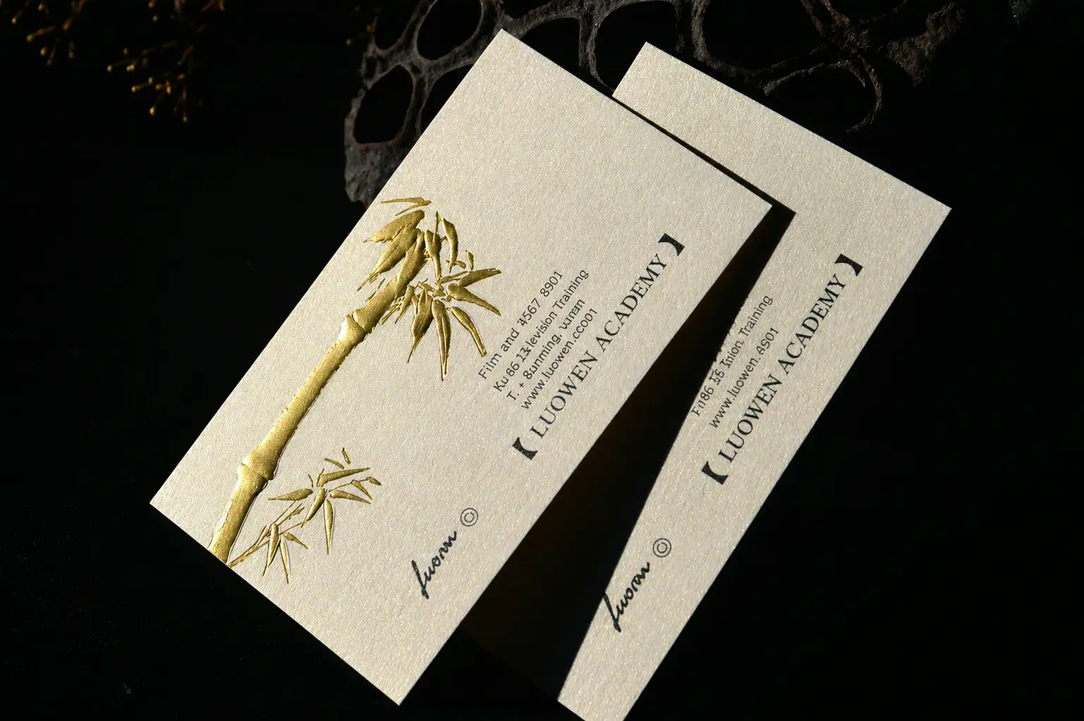 20PT Premium Pearlescent Stock displaying exquisite Foil Embossing, creating a raised, 3D metallic sculptural finish.