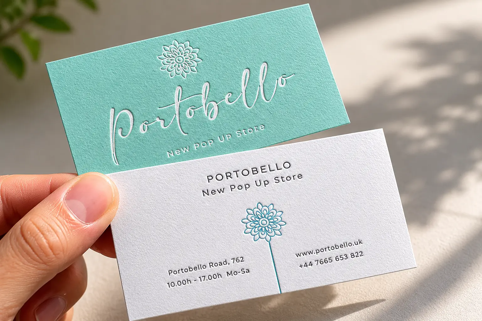 Aqua and white thick duplex business card with cotton paper information side