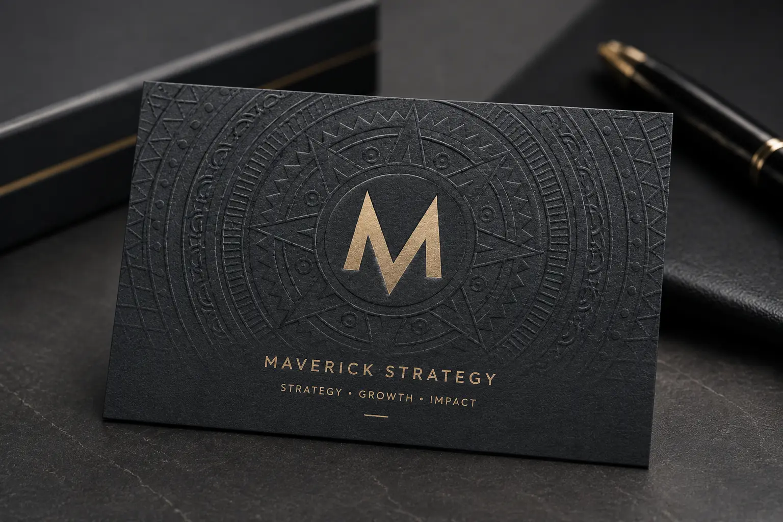 Black matte business card with a subtle blind deboss seal pattern and restrained metallic monogram detail.