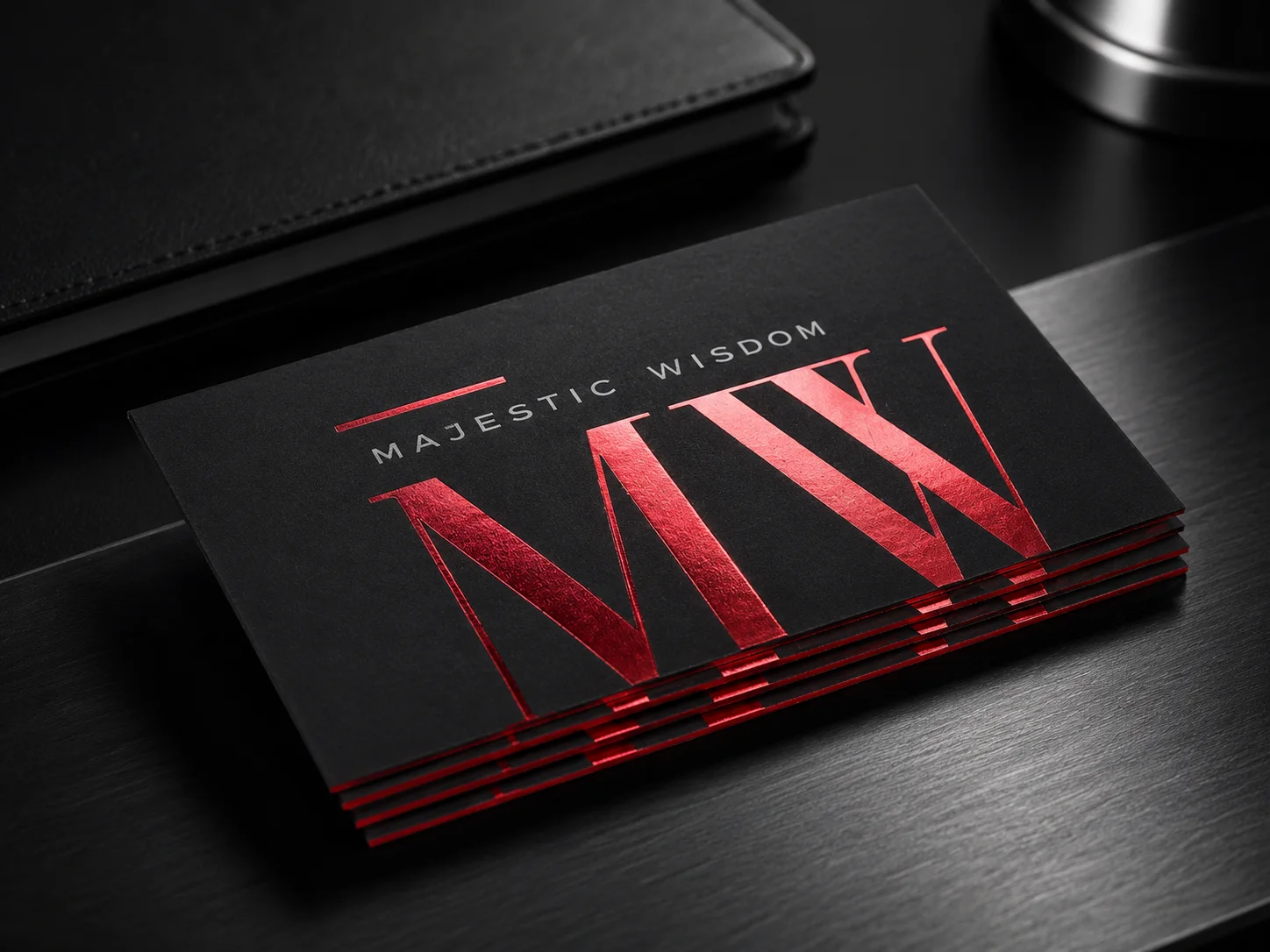 Black business cards with red foil-style details and strong dark paper contrast.