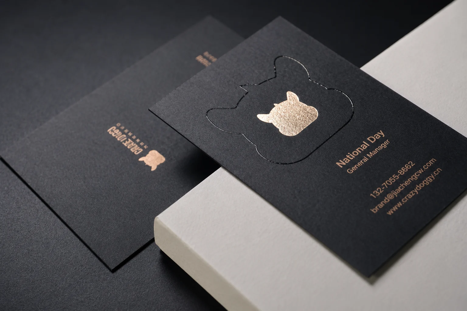 Black business card with a glossy spot UV outline border and restrained metallic brand detail.