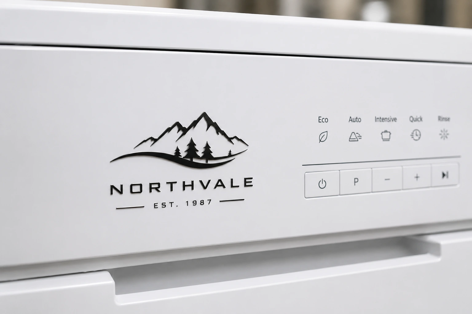 Black metal transfer decal applied to a white electronic device panel