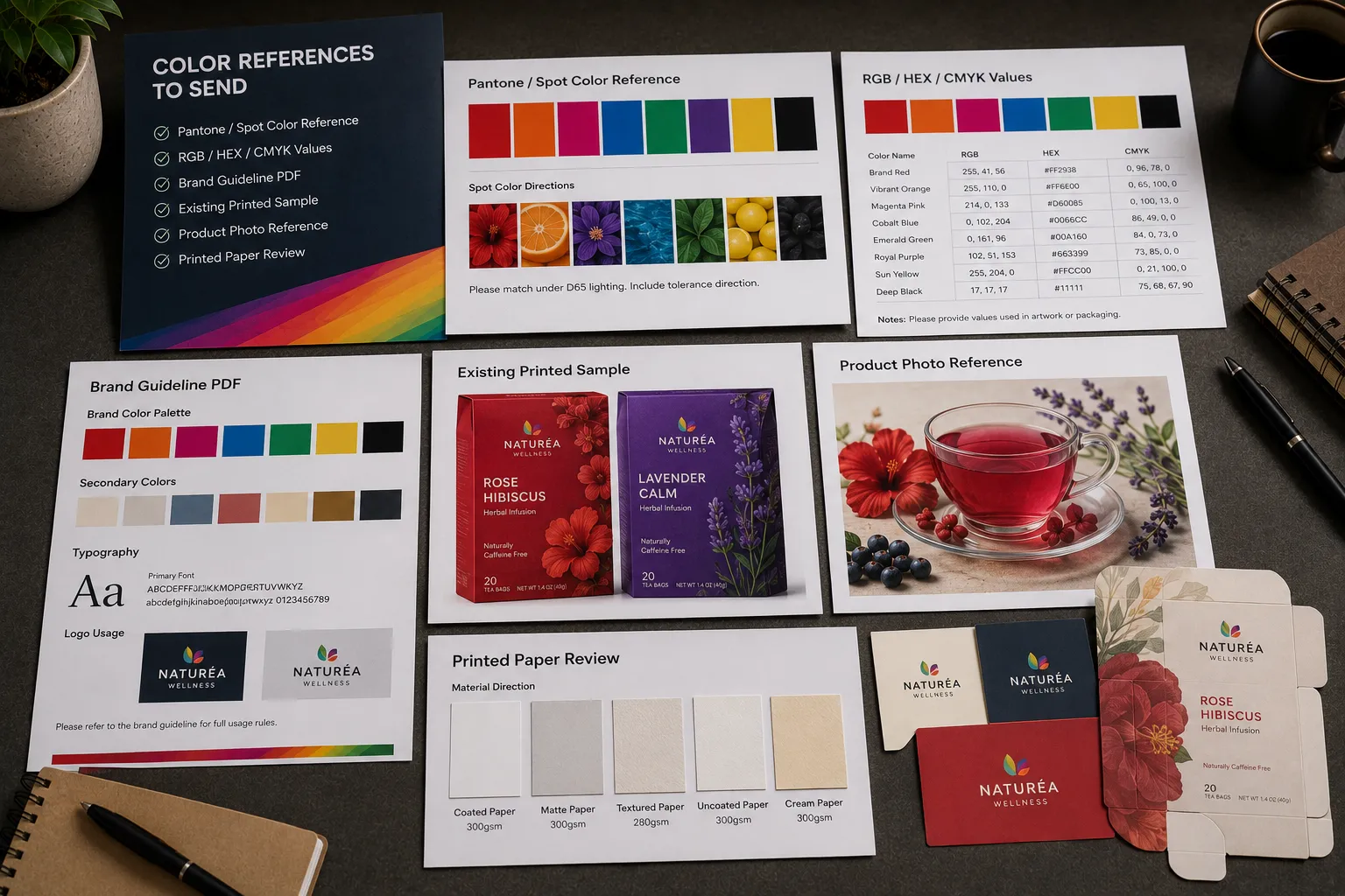 Printed brand color reference submission review kit showing Pantone and spot color reference cards, RGB HEX CMYK value cards, brand guideline sheet, existing printed sample, product photo reference, paper swatches, and vivid printed color samples.
