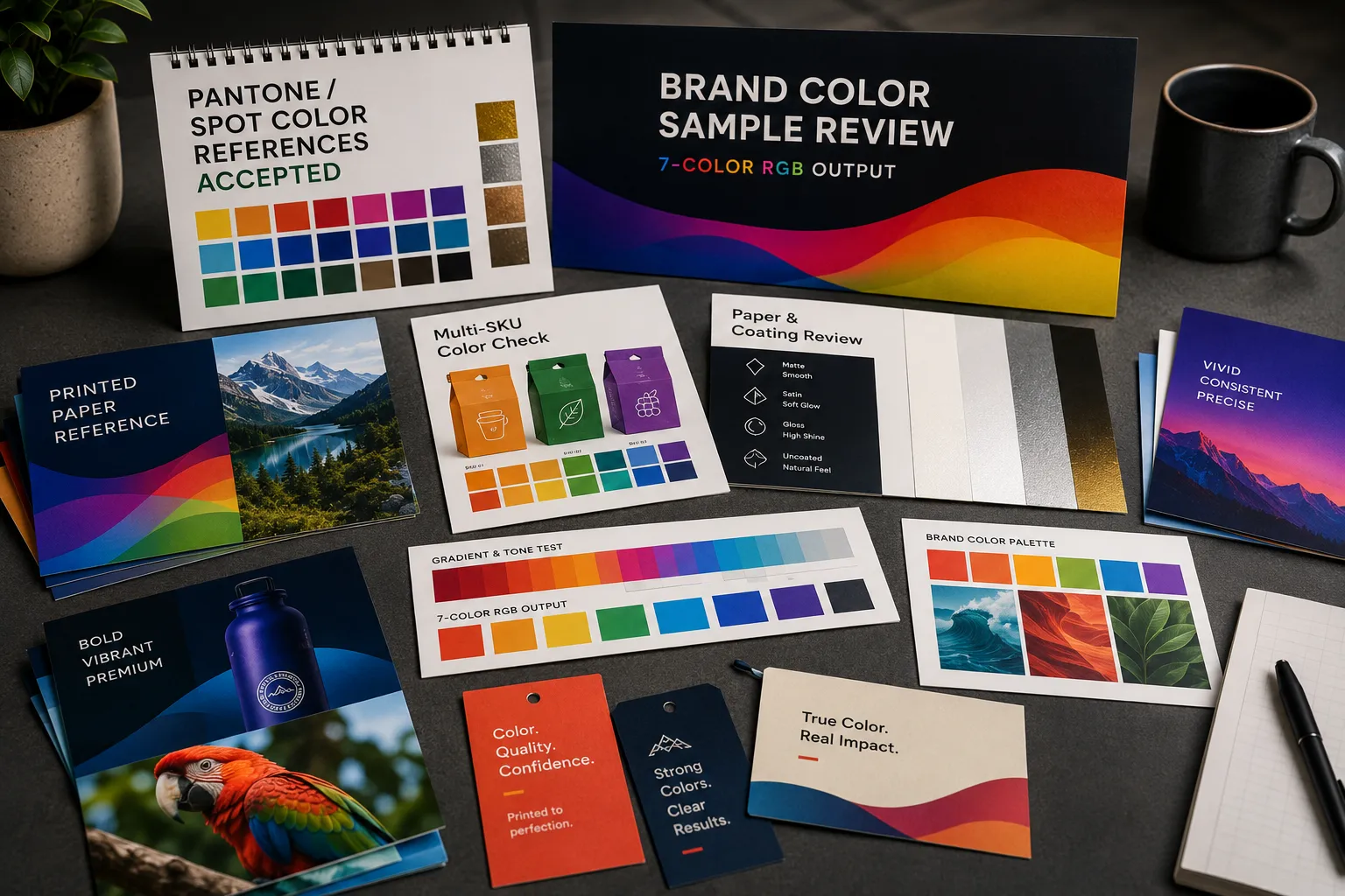Printed brand color sample review cards for paper materials, showing Pantone and spot color reference acceptance, 7-color RGB output, paper and coating review cards, multi-SKU color checks, vivid swatches, and real paper edges.
