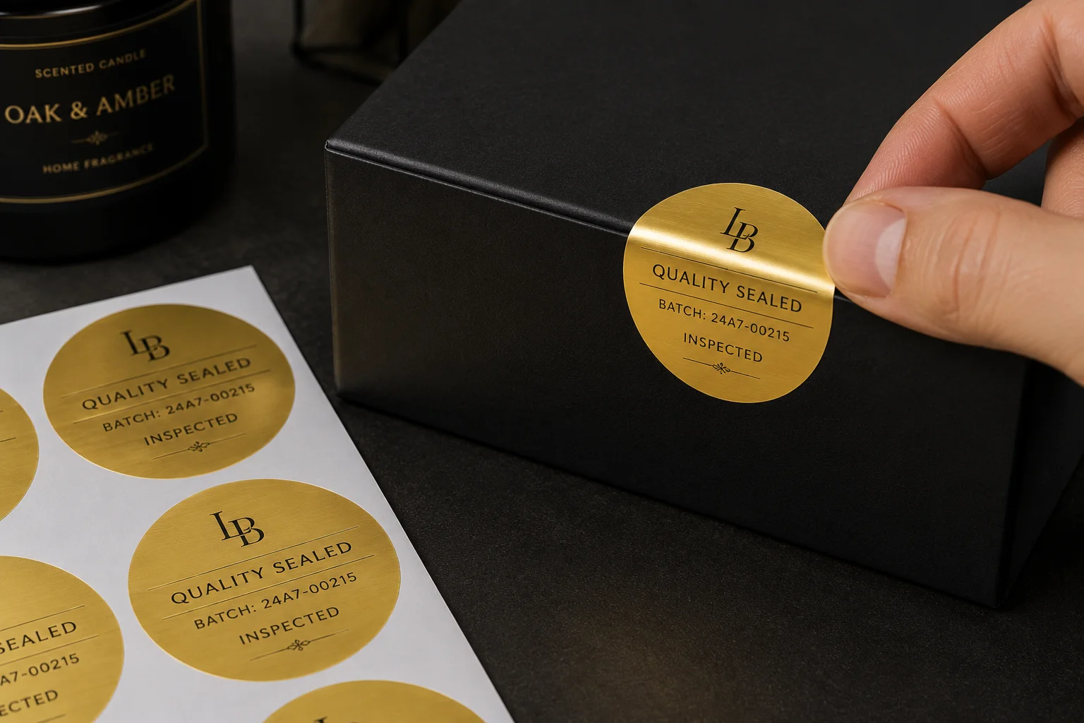 Bright gold PET oval product seal applied to a matte black gift box with kiss-cut gold PET seals on backing liner.