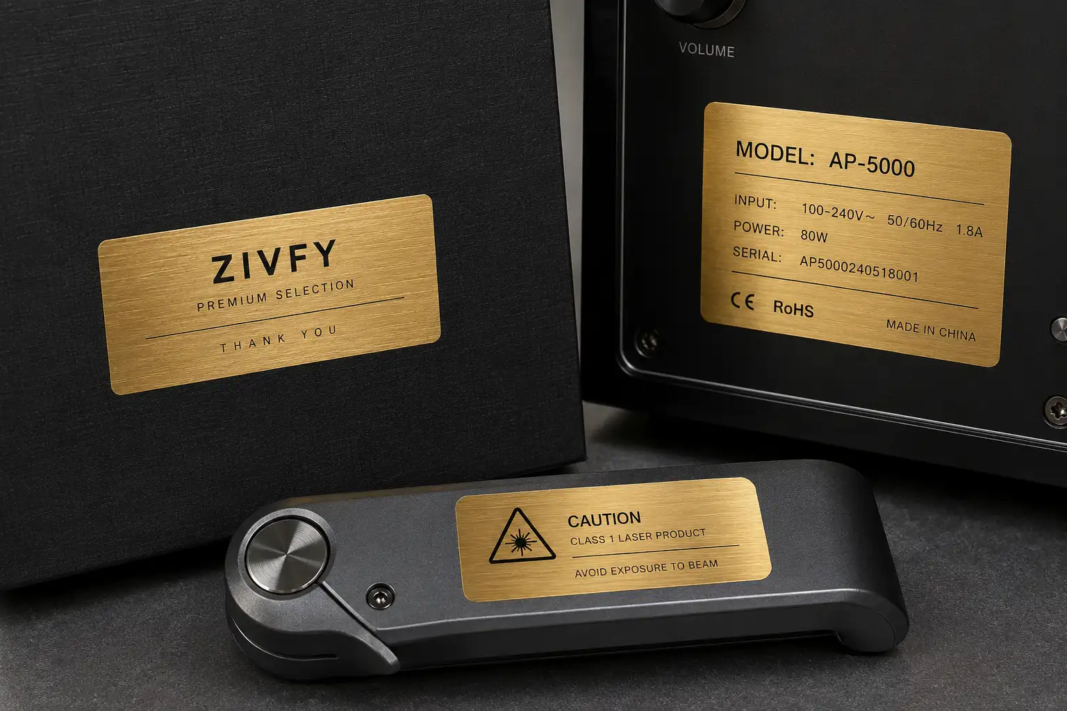 Brushed gold PET labels applied to black equipment and product panels