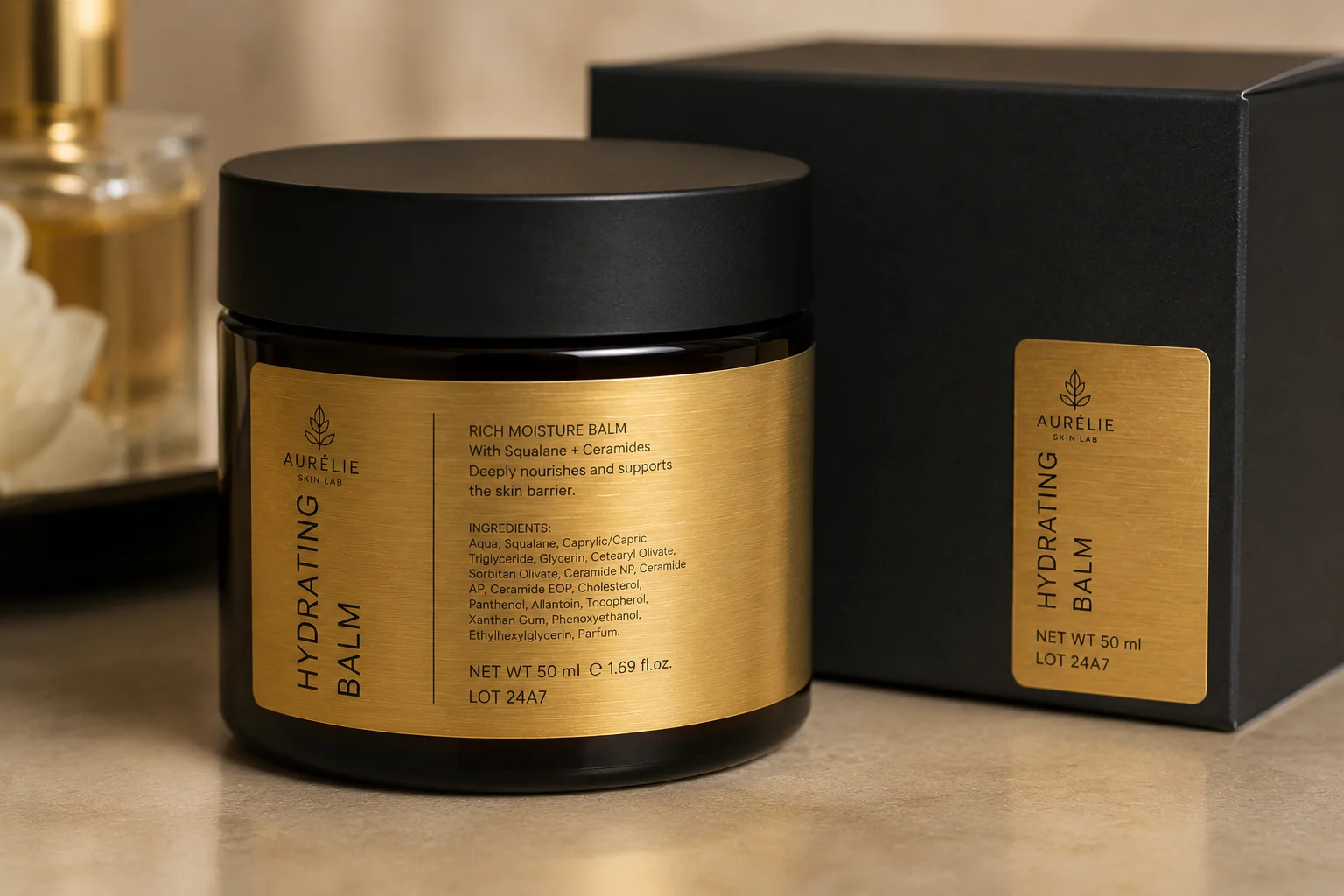 Brushed gold PET side label applied to a luxury cosmetic jar with matching gold PET corner label on the product box.