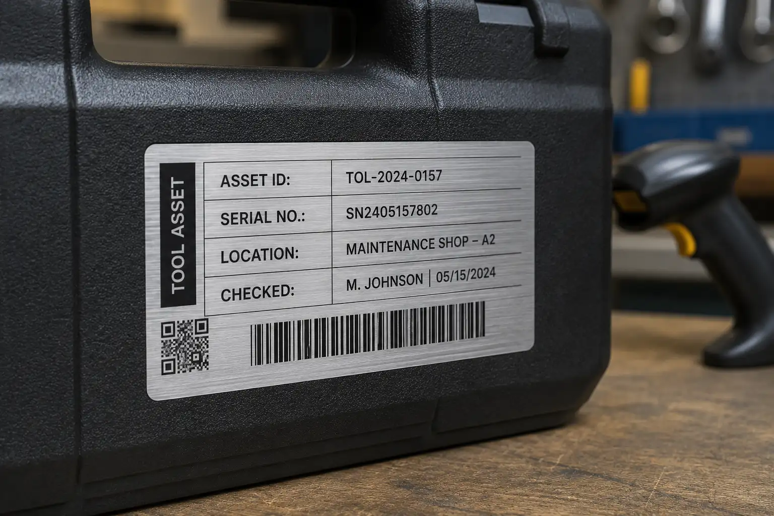 Brushed silver PET asset label applied to a black tool case with QR code, asset ID, serial number, location, and checked fields.