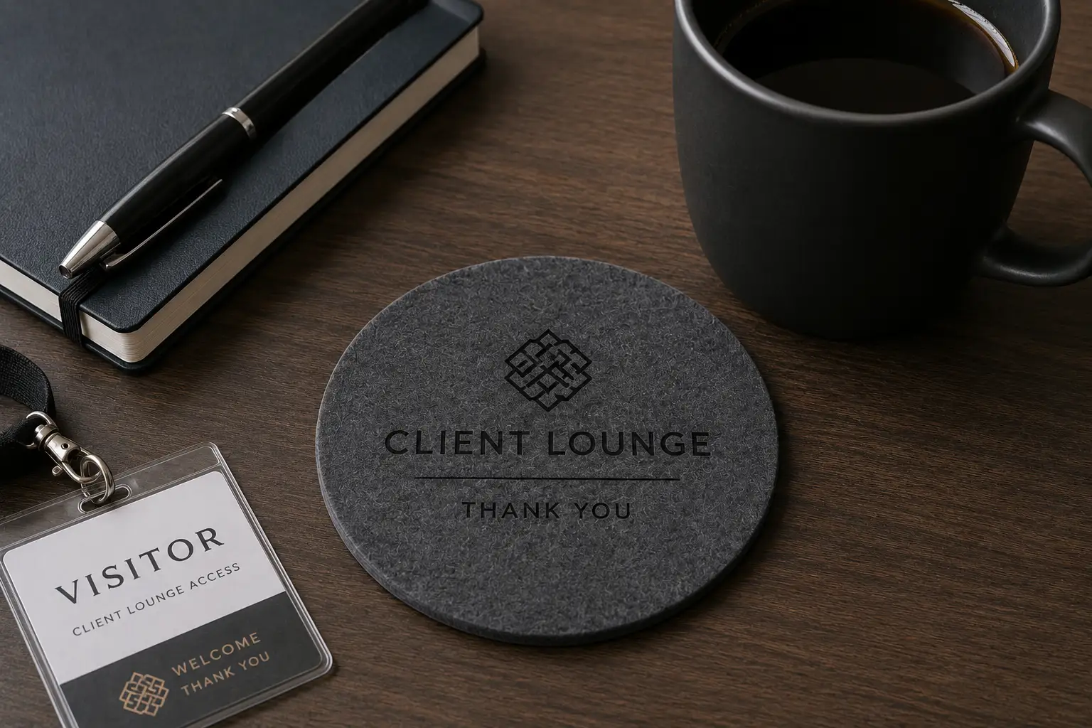 Flat charcoal 3mm polyester felt coaster with shallow laser engraved client lounge artwork on an office lounge table.