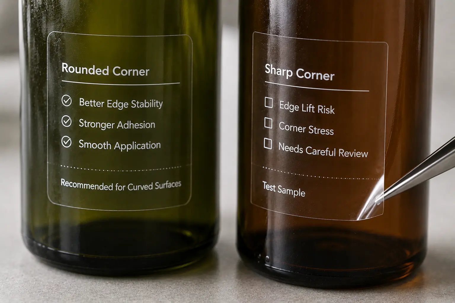 Clear labels applied to curved bottles with subtle edge lift and rounded corner review