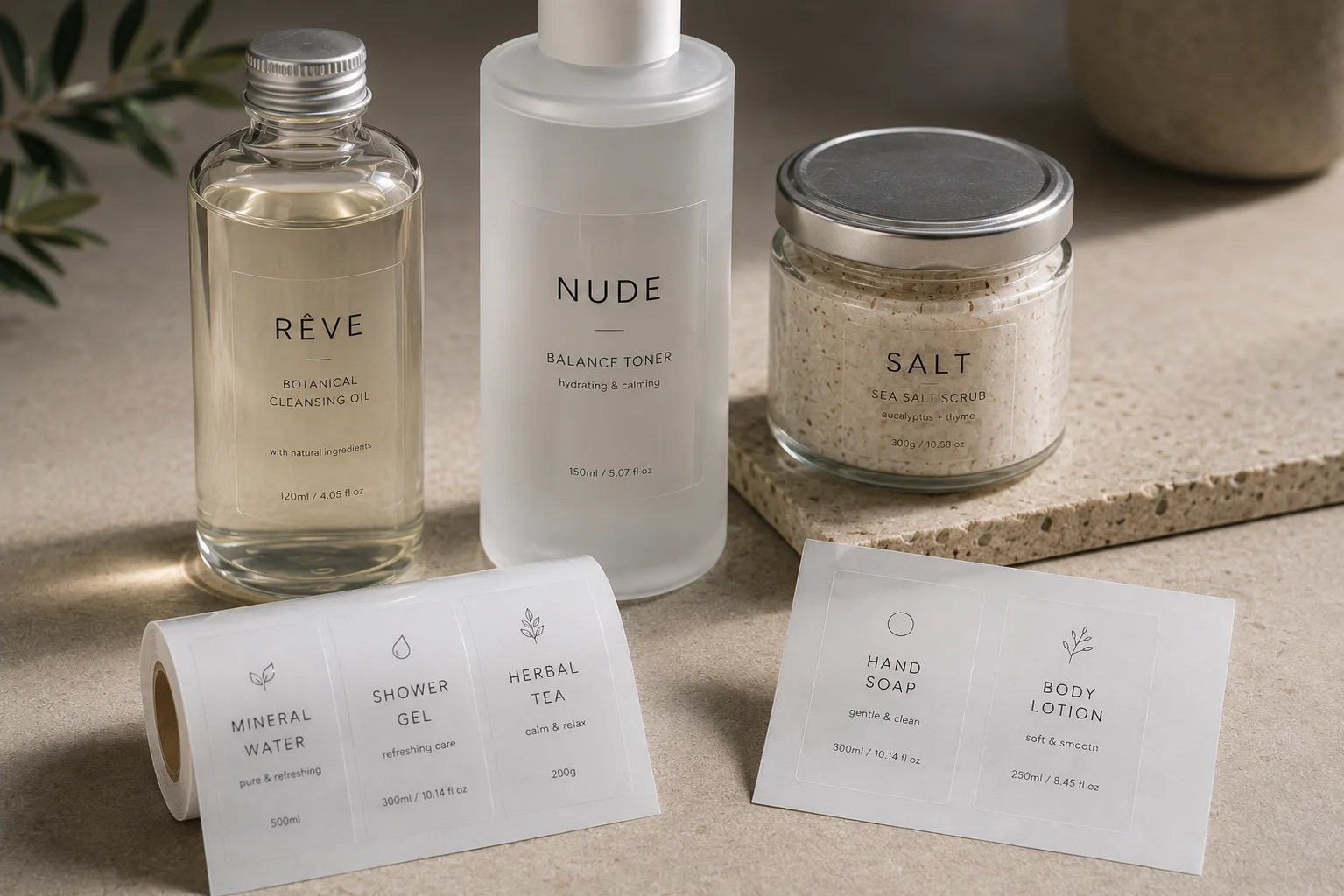 Custom clear labels applied to glass bottles jars and skincare packaging for a premium no-label look