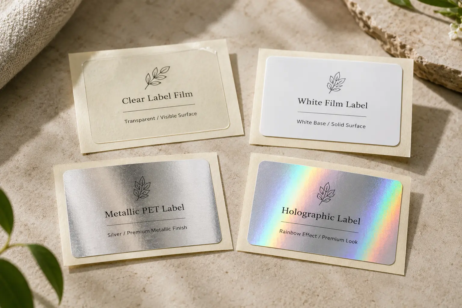 Physical label material samples showing clear film white film metallic PET and holographic label options