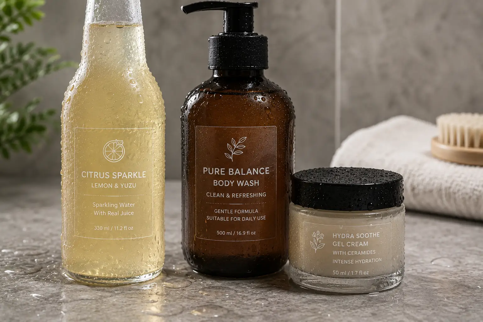 Clear labels on chilled beverage bottles bathroom product bottles and skincare jars with controlled moisture droplets