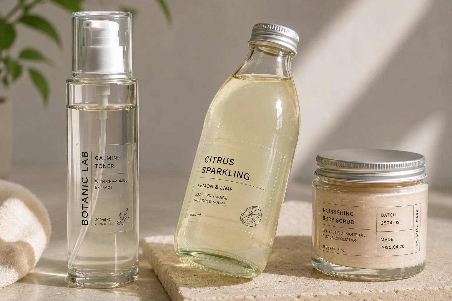 Transparent clear labels applied to skincare bottles and cosmetic jars for a no-label look