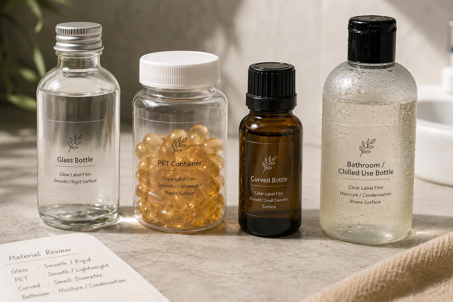 Clear labels applied to glass plastic curved bottles and moisture exposure samples for surface review