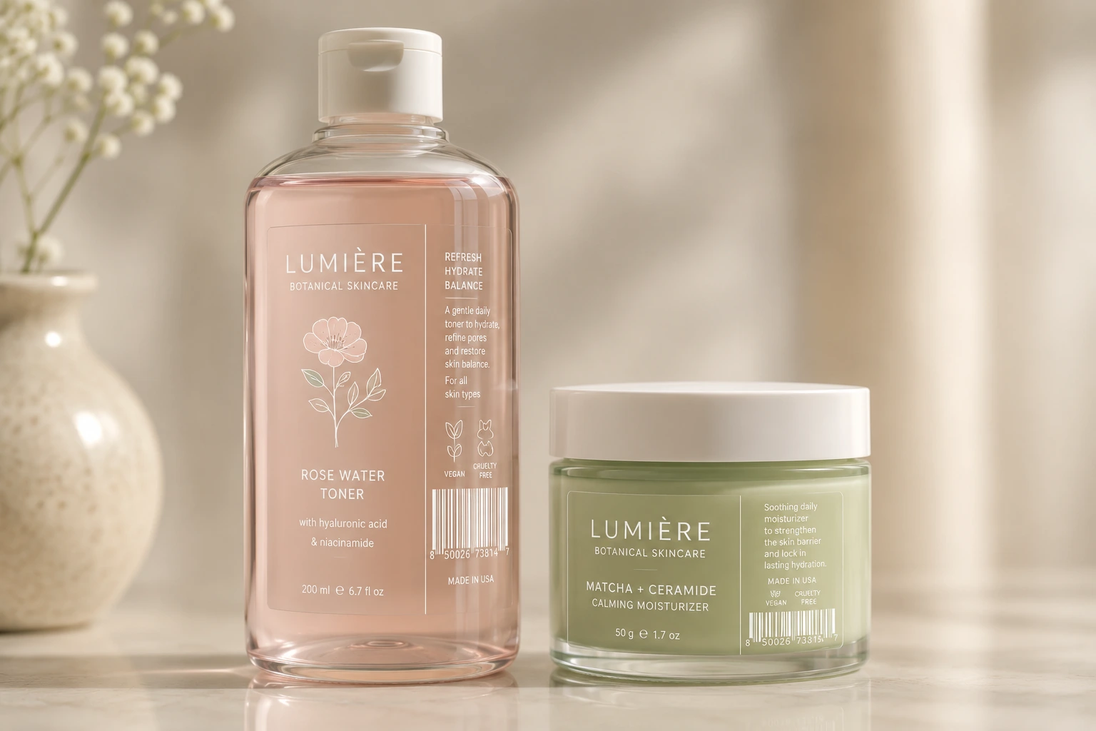 Clear labels with white ink backing applied to cosmetic bottles for improved logo and text visibility