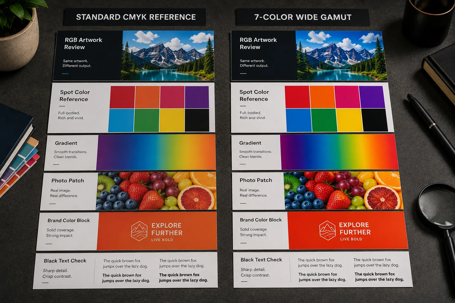 Side-by-side printed comparison between standard CMYK reference output and 7-color wide gamut output, showing the same RGB artwork file, spot color reference patches, gradients, photo patches, and sharper vivid color range on real paper.