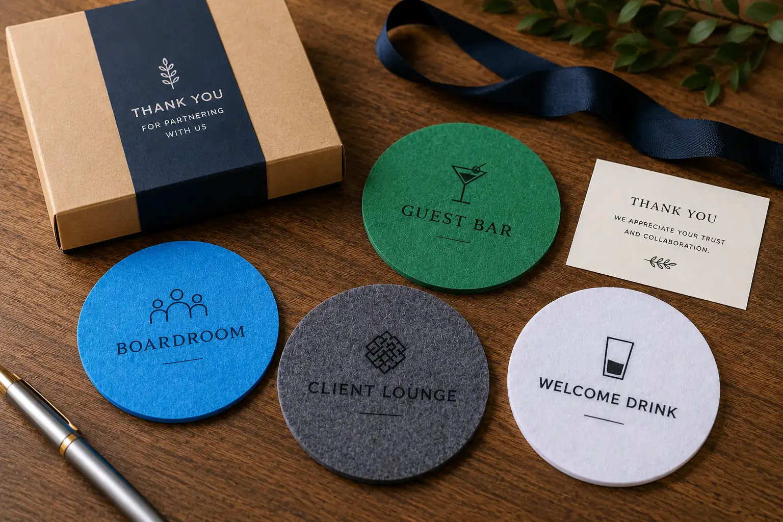 Custom colored 3mm polyester felt coasters arranged with kraft gift box, ribbon, and thank-you card for corporate gifting.