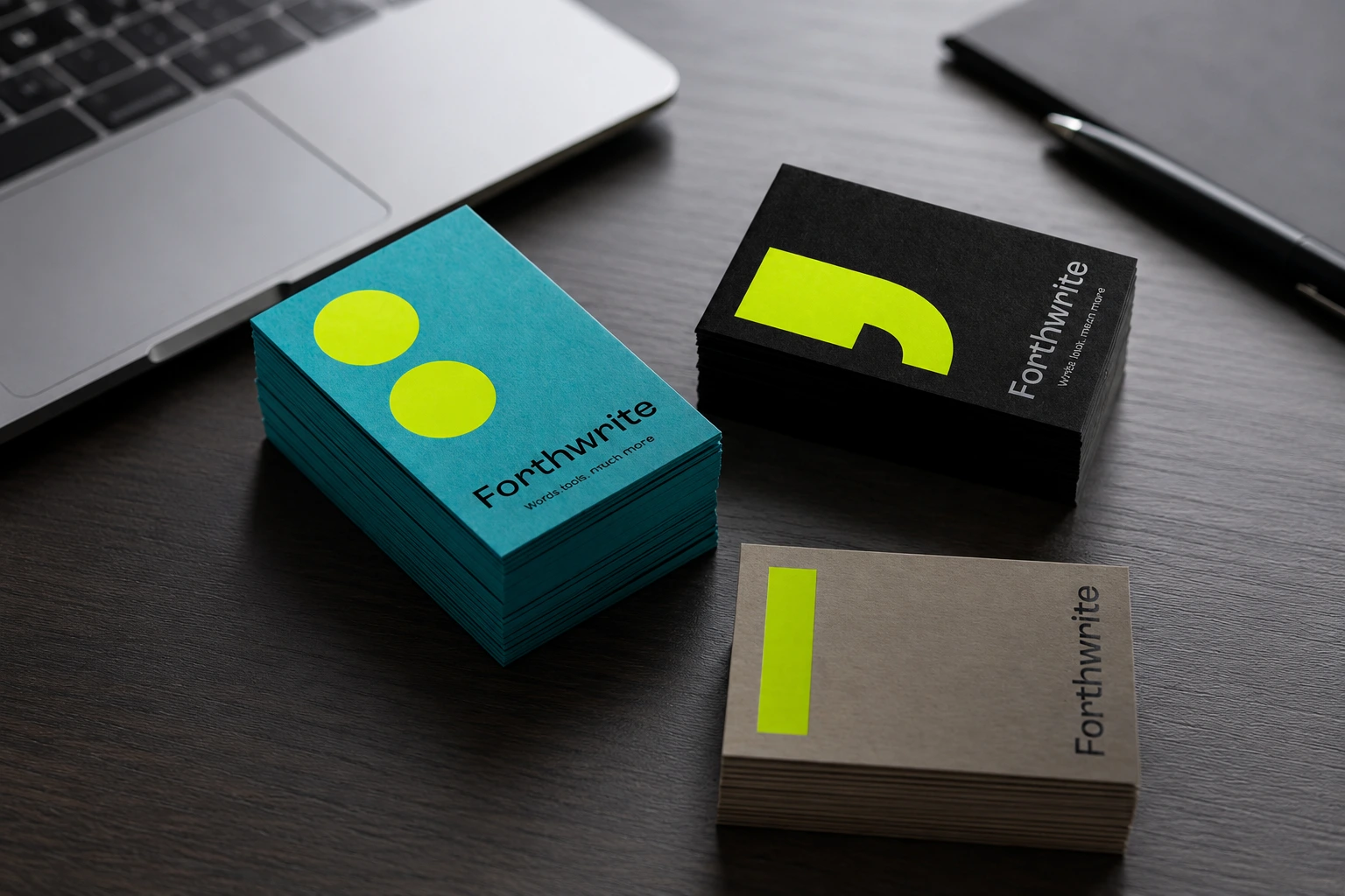 Custom business card selection guide showing multiple colored paper card stacks with bright brand print accents