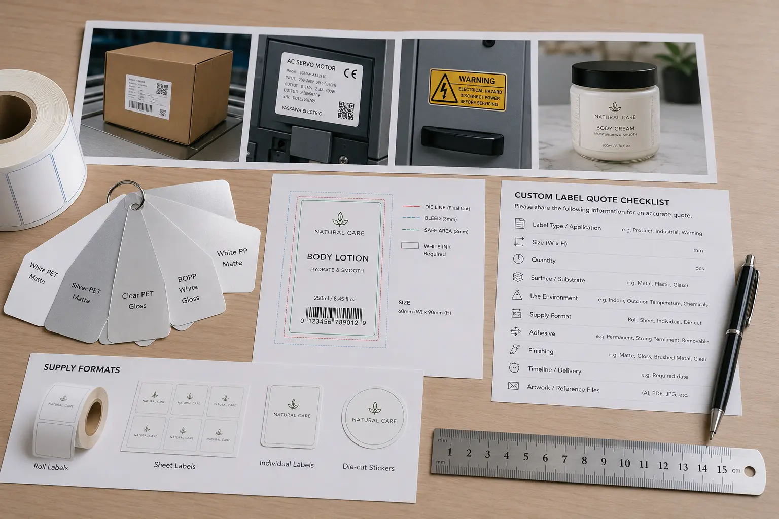 Custom label quote review desk with material samples printed proofs packaging photos ruler and reference notes