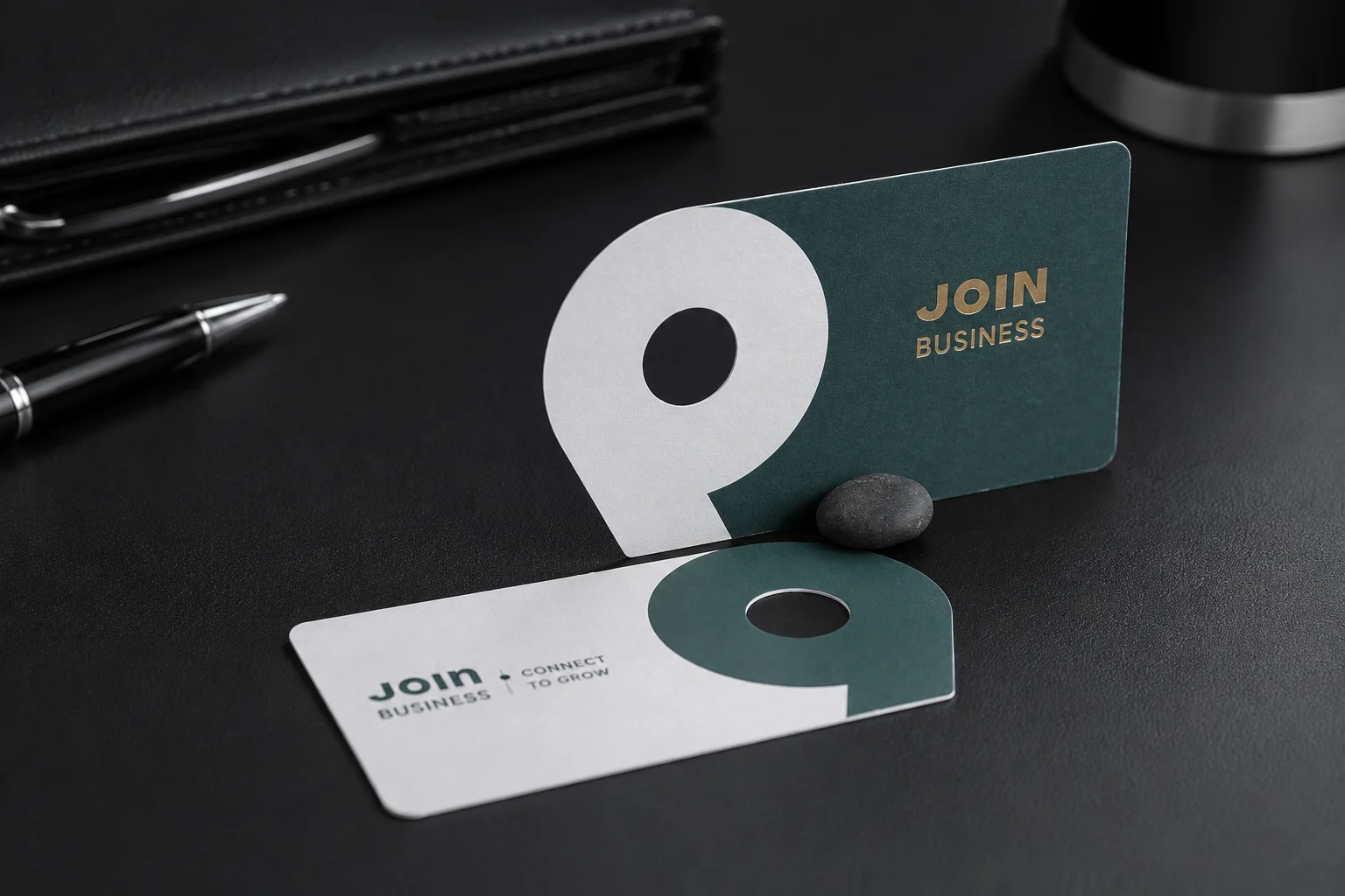 Custom shape die cut business card display with curved cutout and matching printed card