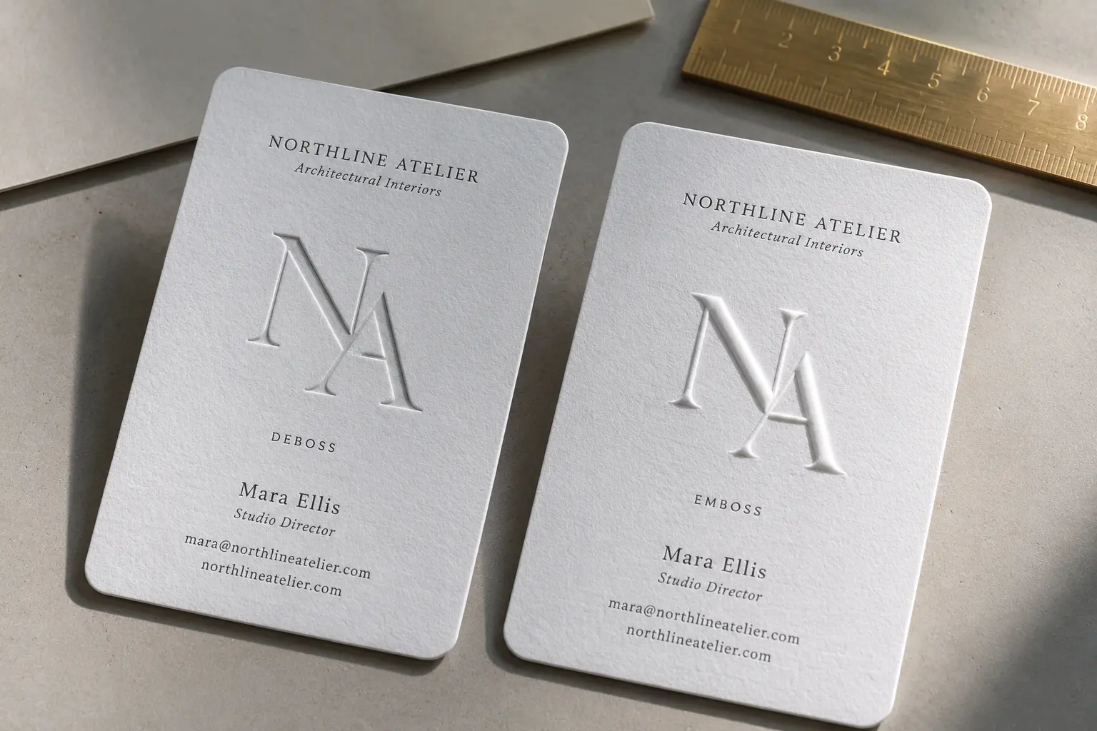 White cotton business cards showing the difference between a recessed deboss logo and a raised embossed logo.