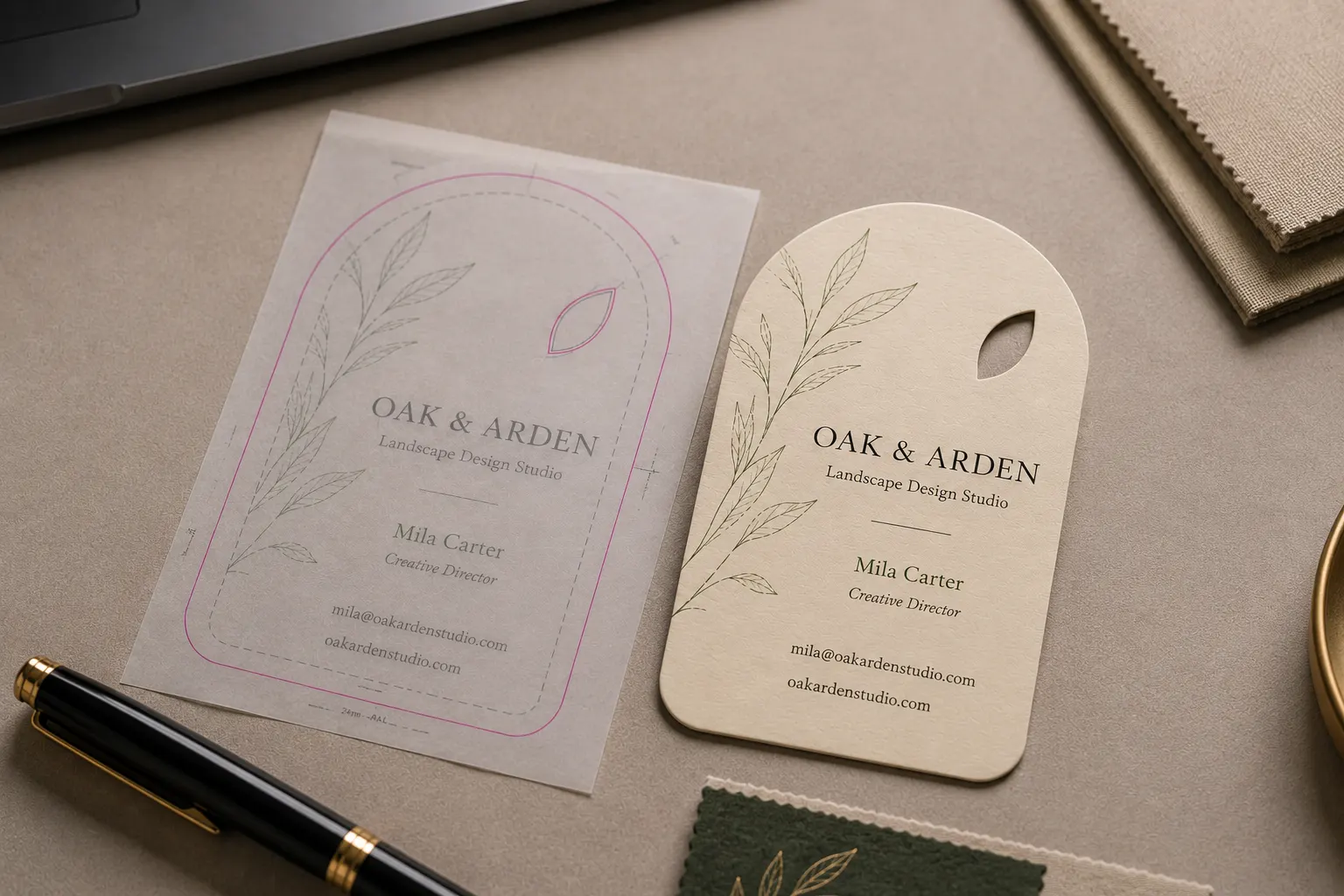 Die cut business card artwork review with vellum dieline proof and final custom cut result