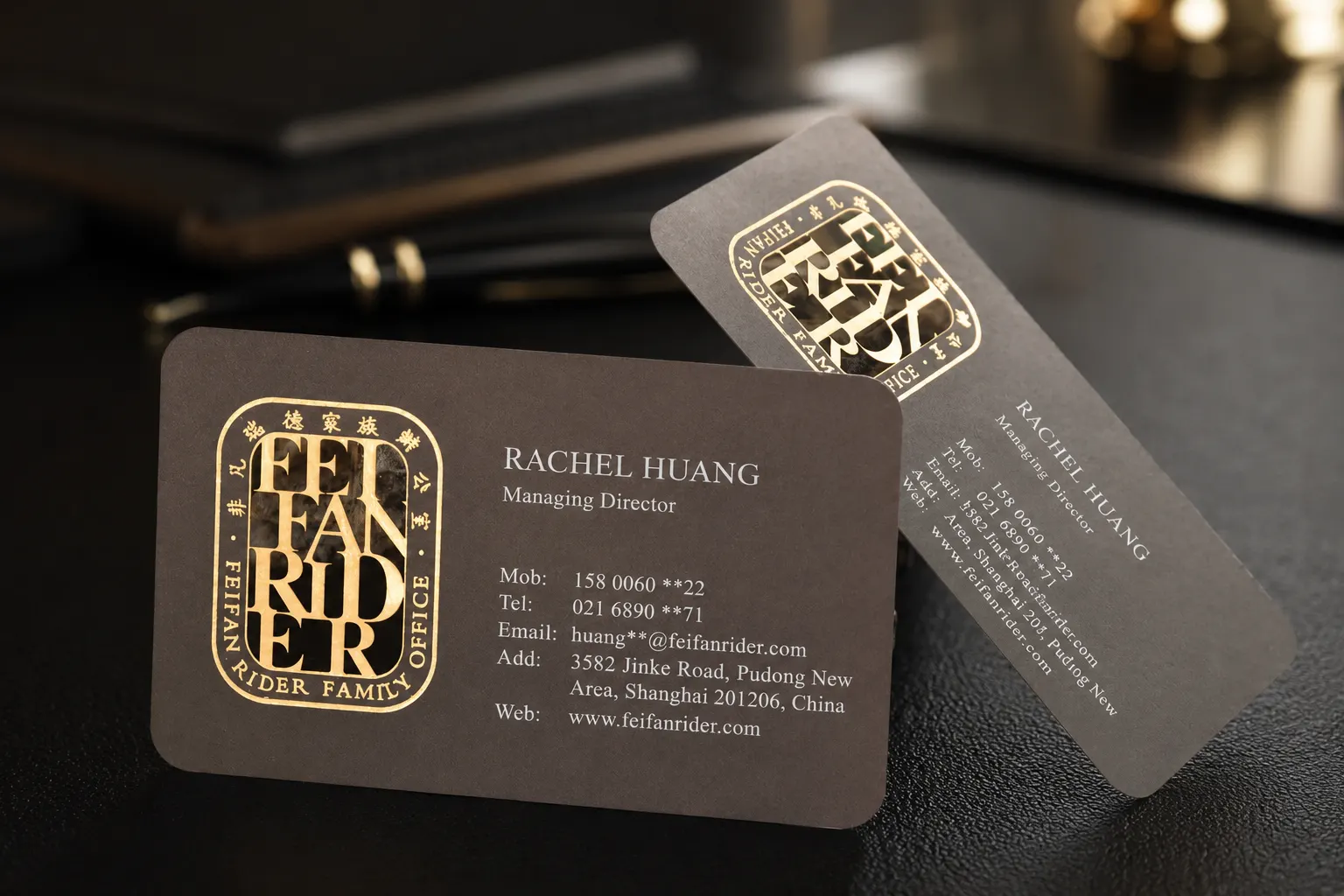 Custom die cut business cards with foil detail and special finish combination