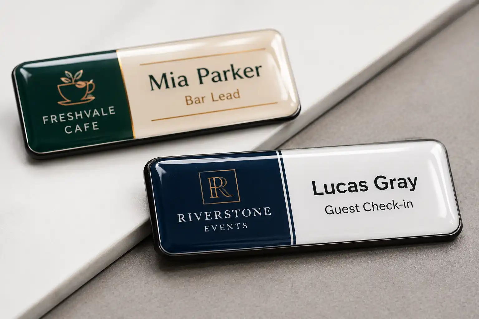 Domed resin custom name badges with a clear glossy resin layer over printed artwork.