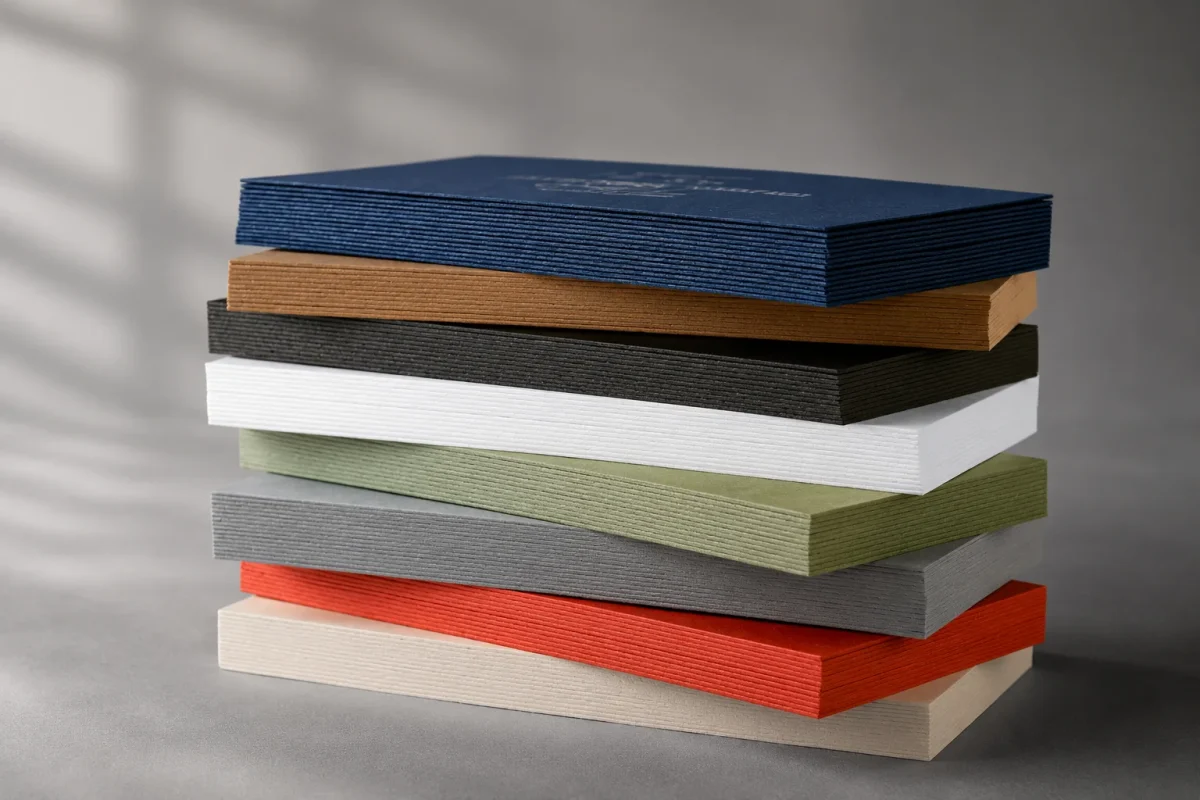 Colored eco paper business card stacks showing paper color, thickness and layered edges.