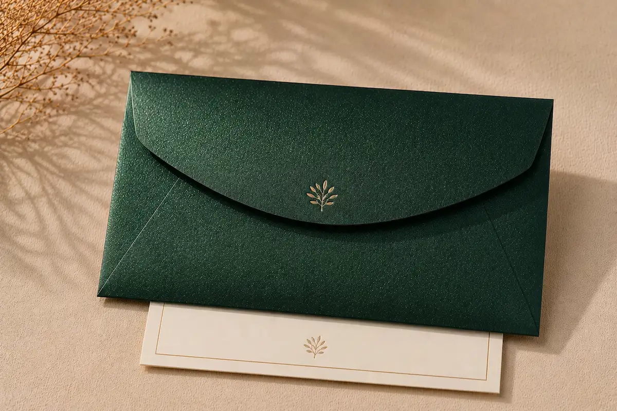 Dark Green pearlescent paper envelope with refined shimmer for boutique retail and private event materials