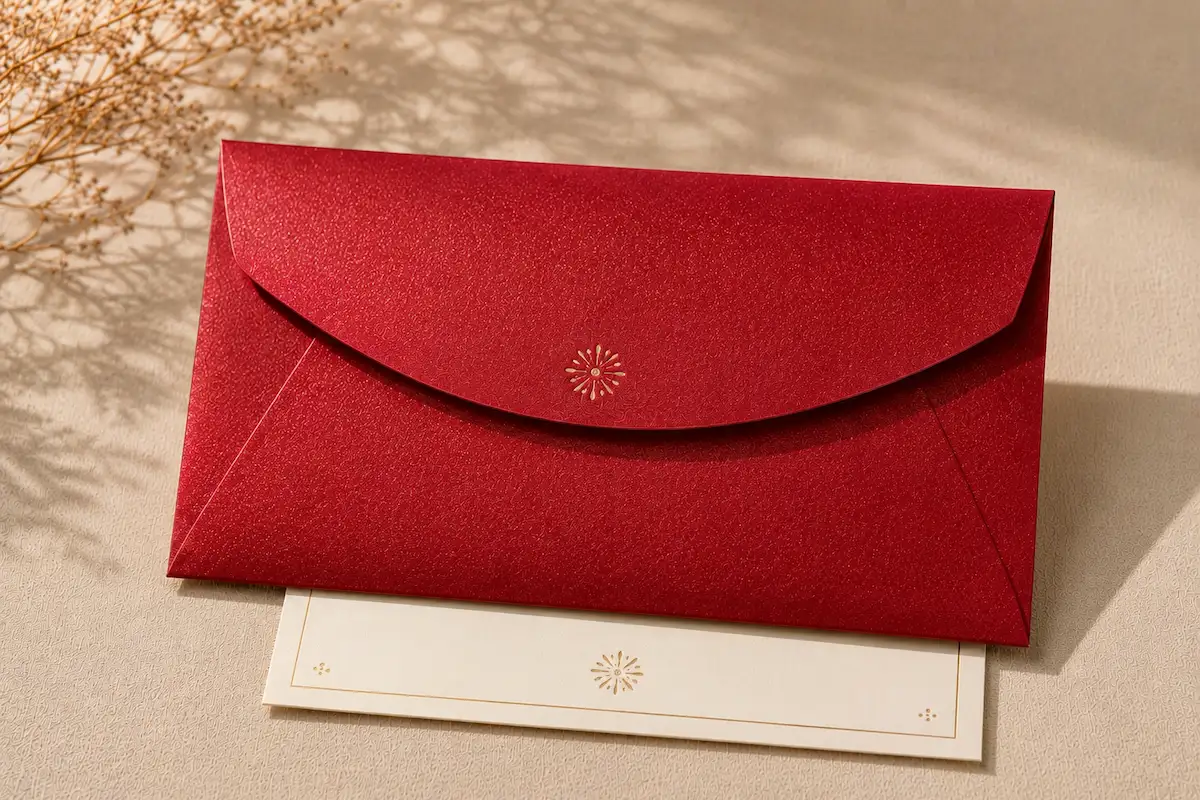 Elegant Red pearlescent paper envelope with rich shimmer surface for premium invitation and gift set projects