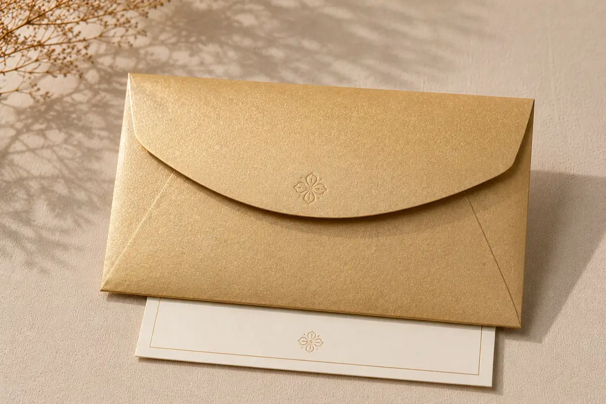 Luxury Gold pearlescent paper envelope with warm champagne shimmer for premium stationery projects