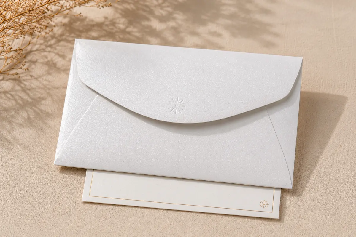 Pure White pearlescent paper envelope with shimmer texture and subtle premium finish details
