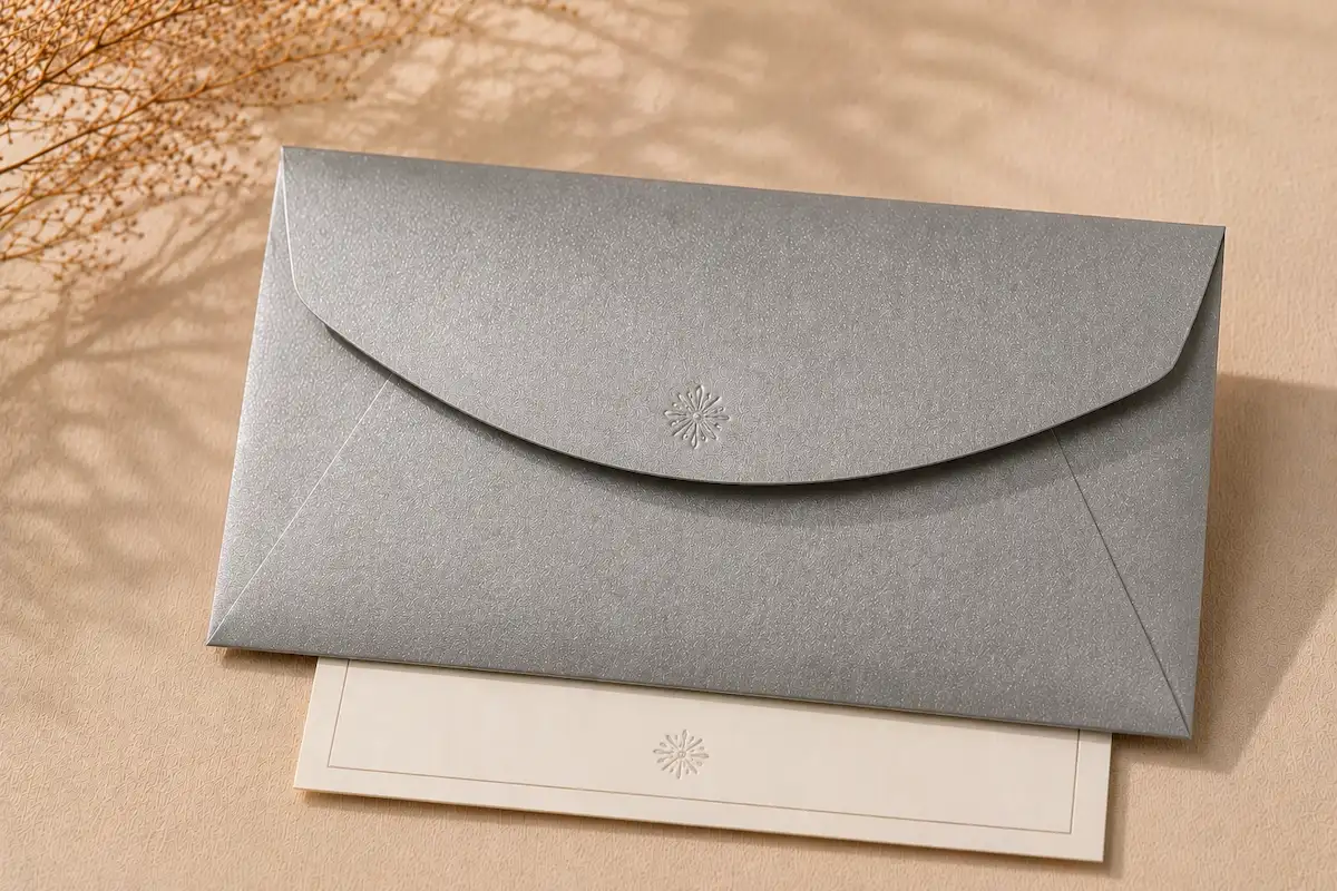 Silver-Grey pearlescent paper envelope with neutral metallic shimmer for corporate communication and PR kits