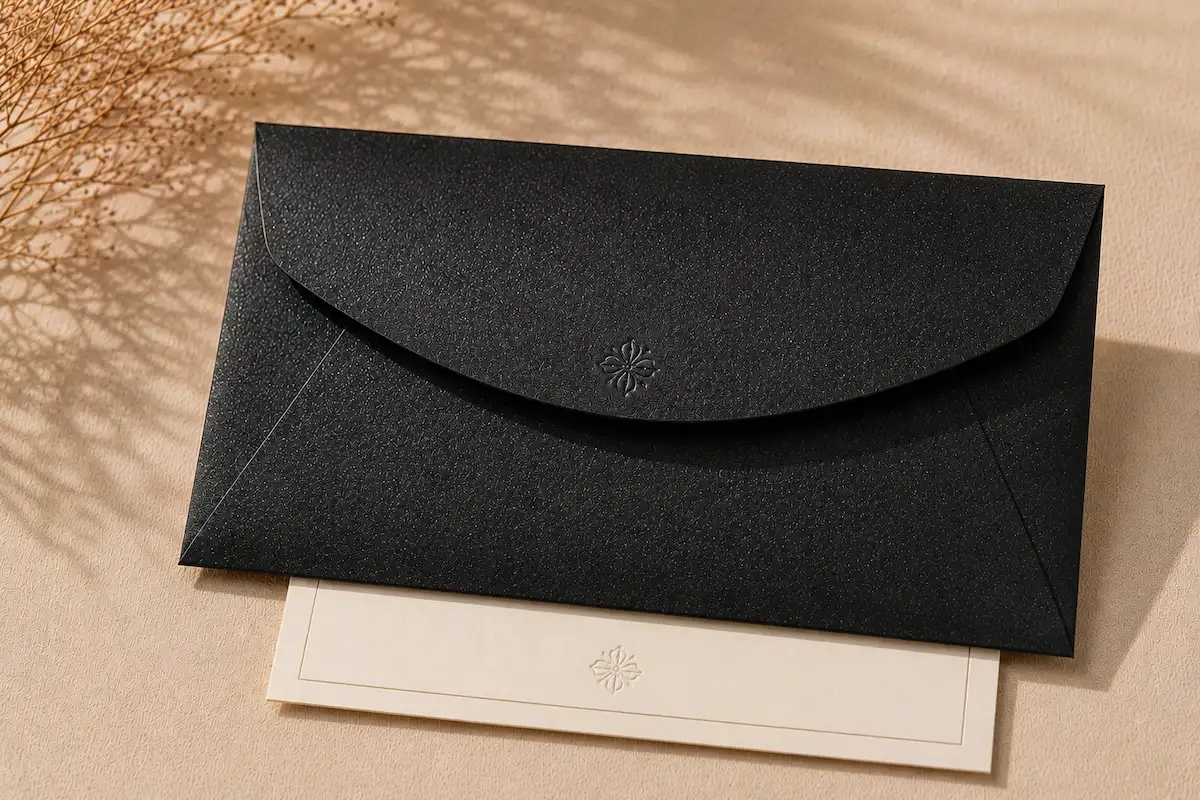 Sophisticated Black pearlescent paper envelope with subtle black shimmer and premium finish details
