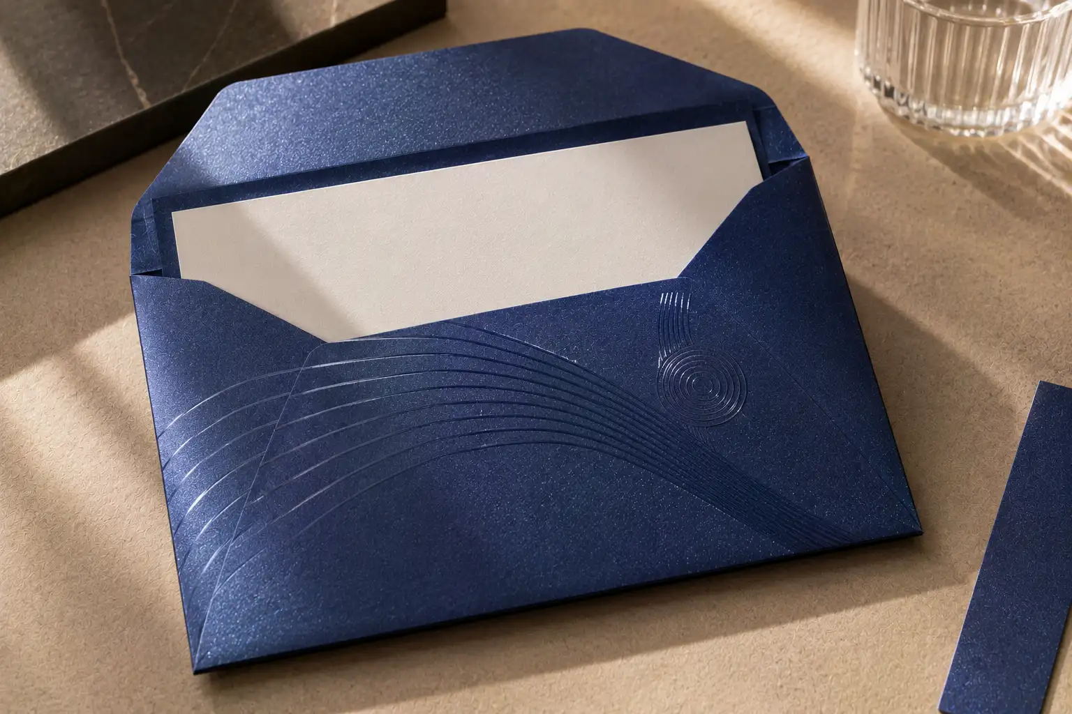 Royal Blue pearlescent envelope with transparent clear spot UV gloss pattern and matched insert card