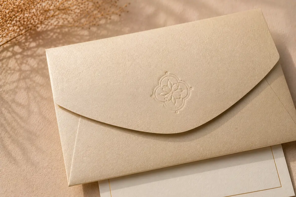 Pearlescent paper envelope with subtle pressed blind debossing detail