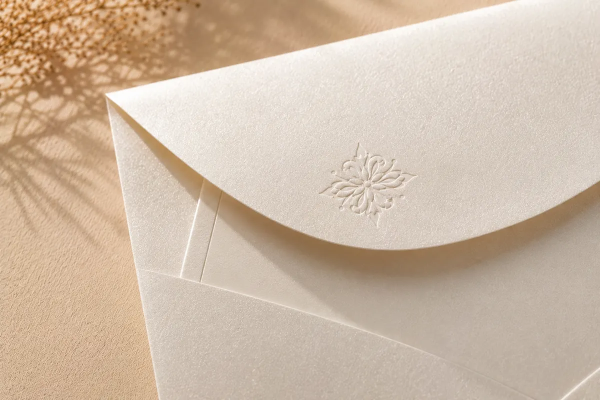 Pearlescent paper envelope with raised blind embossing detail on the flap