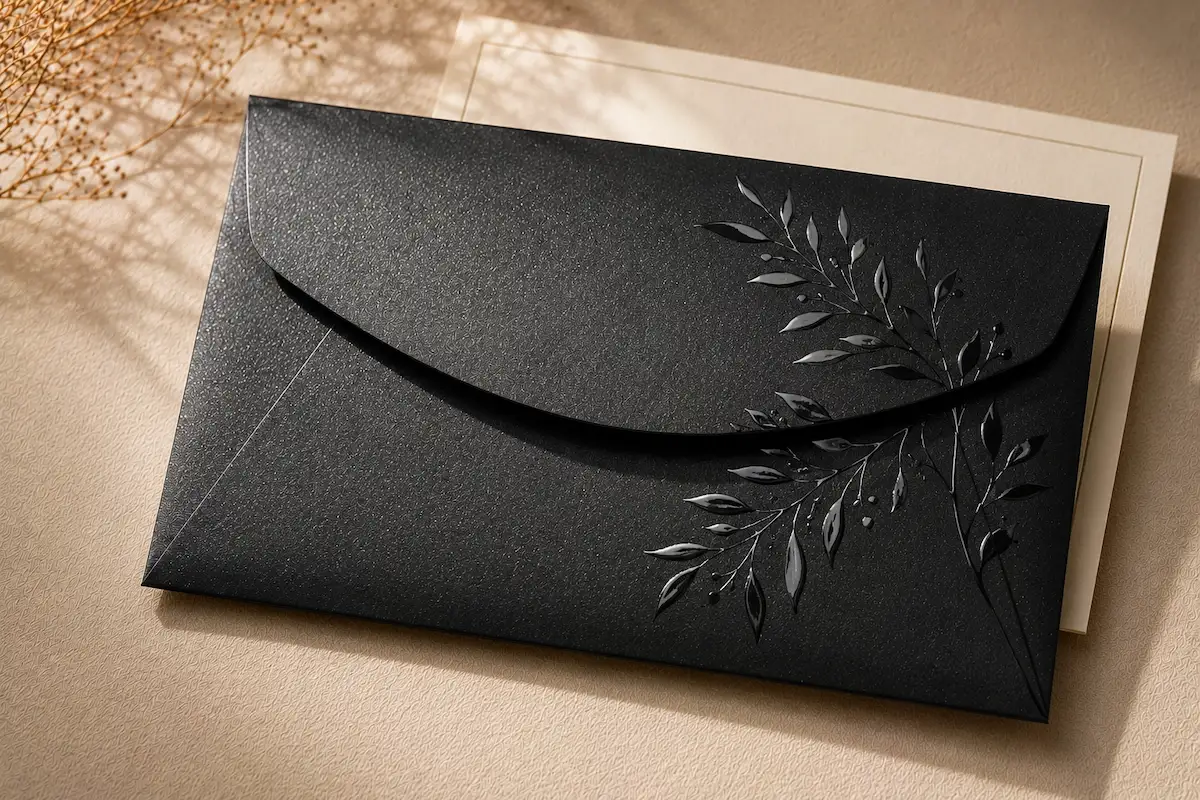 Sophisticated Black pearlescent envelope with transparent clear spot UV gloss pattern