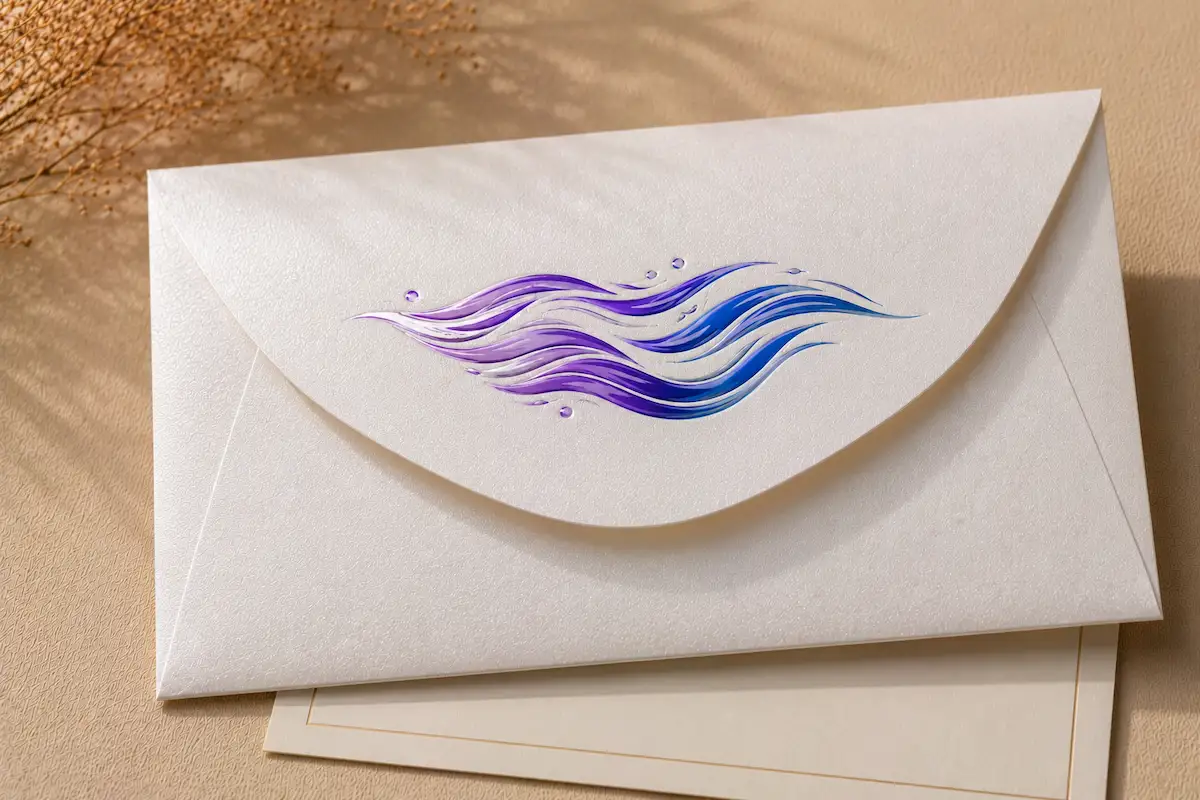Pure White pearlescent envelope with colored spot UV coating and glossy raised detail