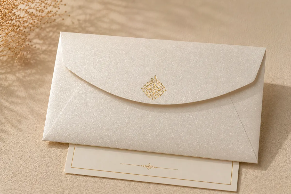 Pearlescent paper envelope with metallic hot foil stamping on a compact luxury invitation envelope